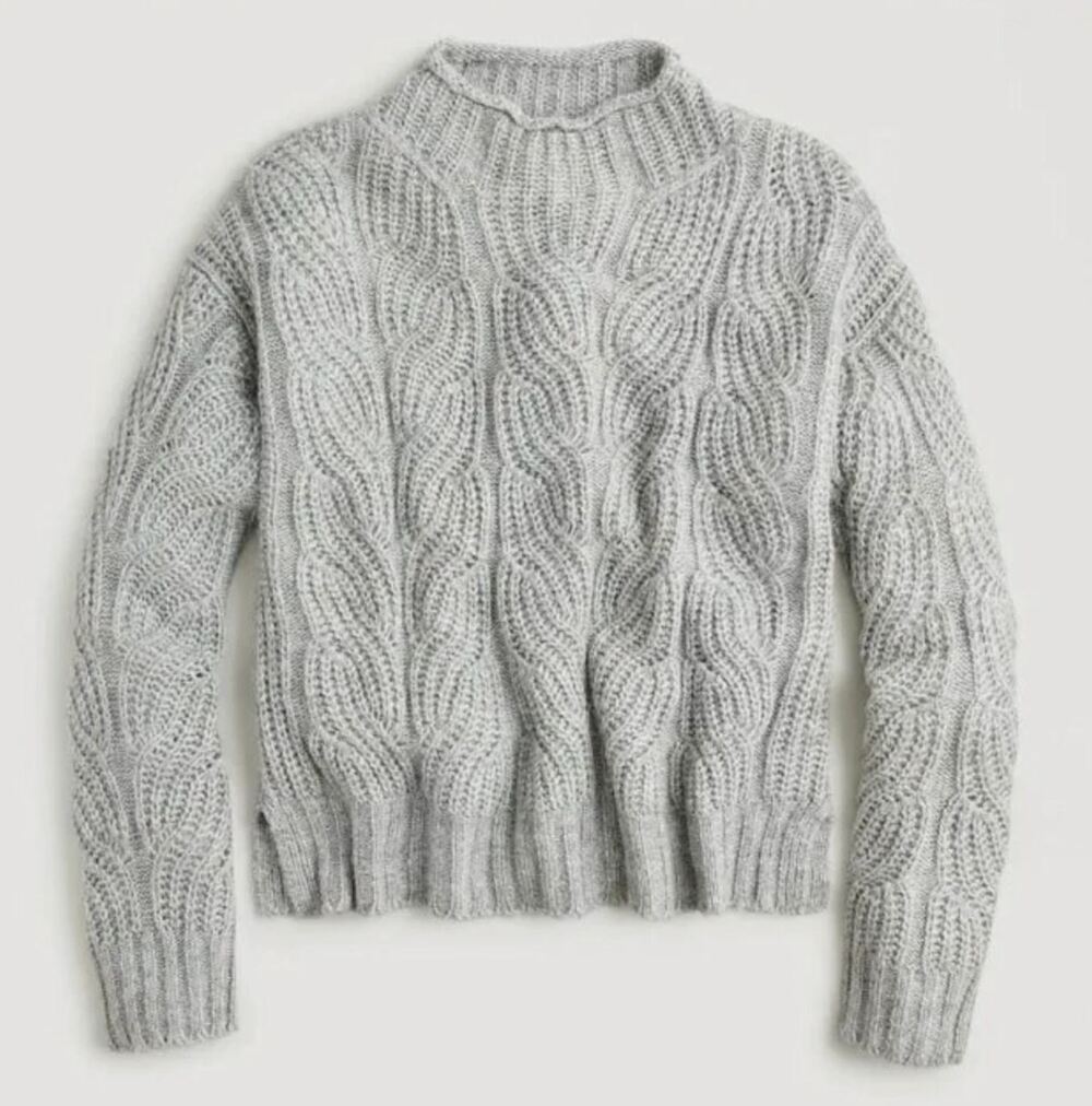 J. Crew Pointelle Cable Knit Sweater Medium Gray Mockneck Alpaca Blend Cottage